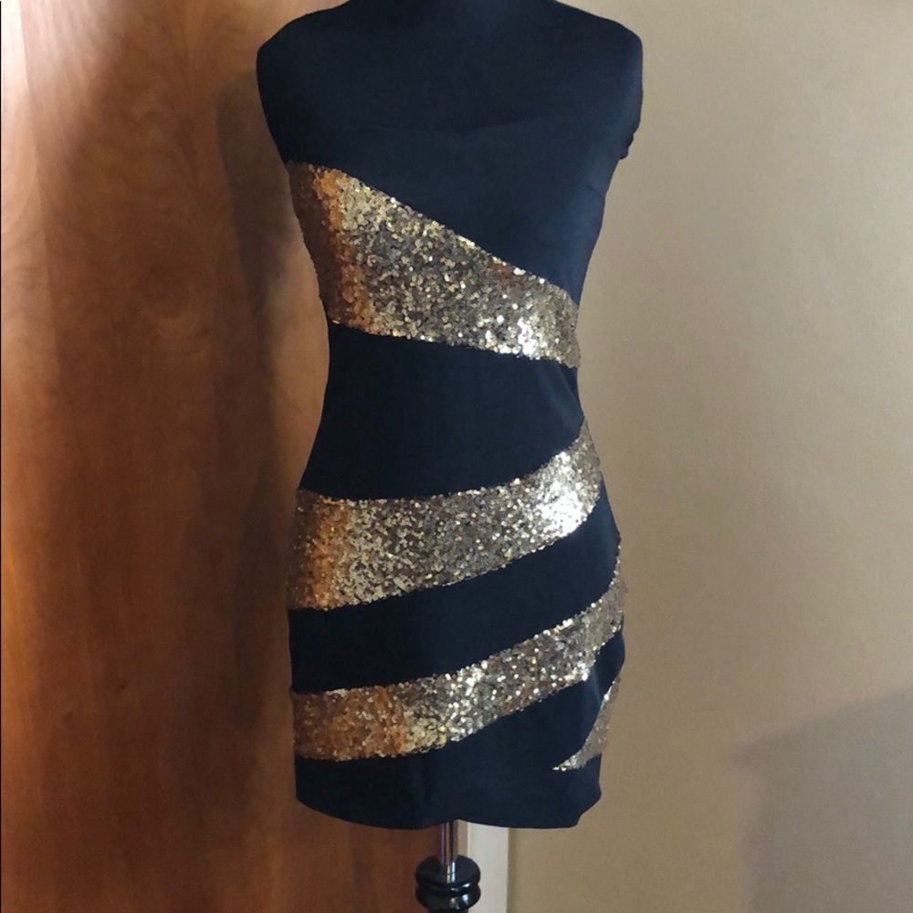 Strapless Black & Gold Sequin Danee Dress